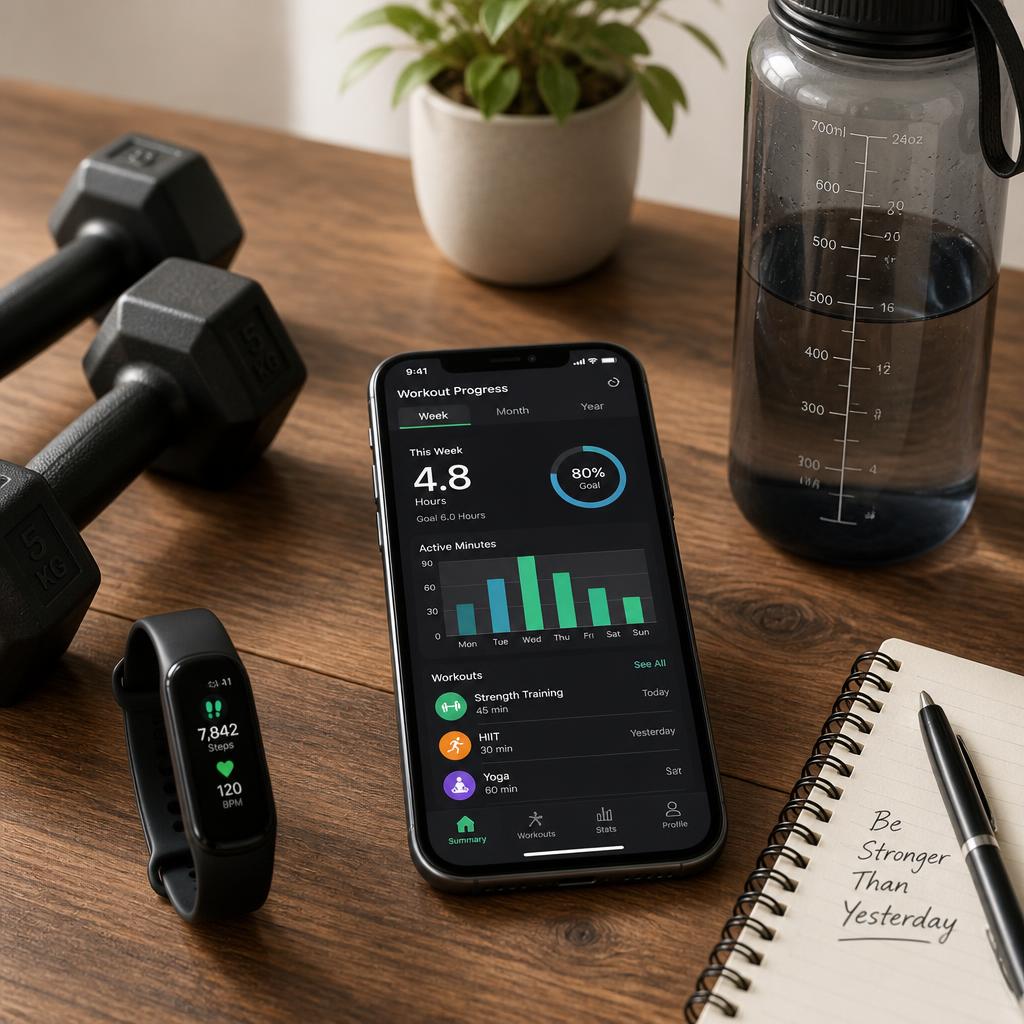 A wooden desk with fitness tracker smartphone showing workout progress graph dumbbells and water bottle - generated by Nano Banana2